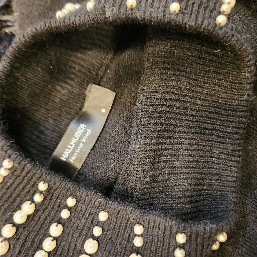 NWOT Hallhuber Black Merino Wool Turtleneck With Beaded Collar Sz‎ S